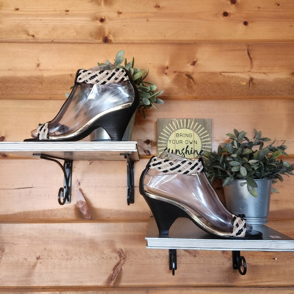 Michael Kors 🌻 Black Tan Leather Cone Heels Sandals Braided T Strap Thong 6.5 M - Picture 3 of 12